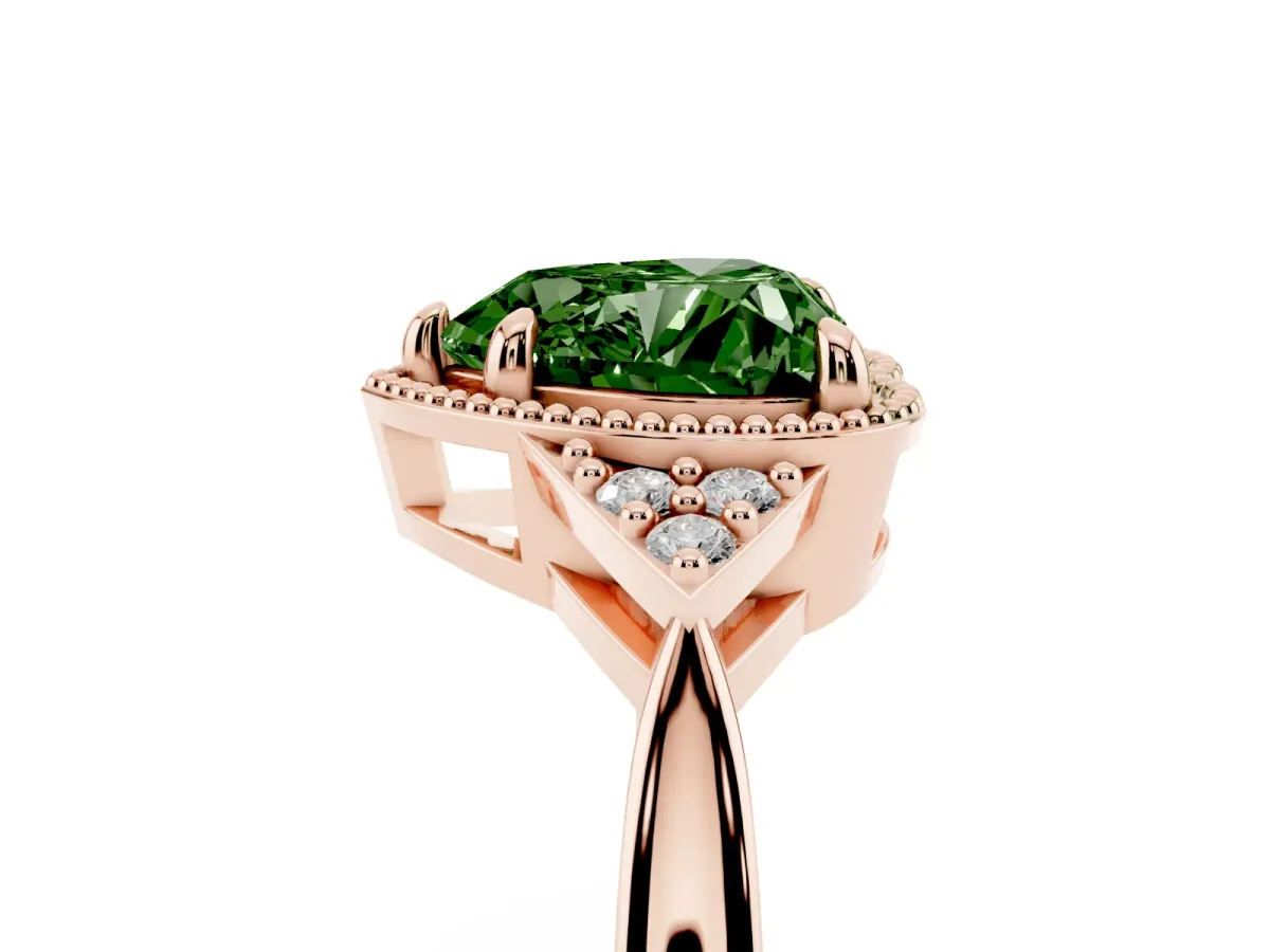 Fancy Green Heart Cut Diamond Halo Ring with Tapered Band and Four-Prong Setting Rose gold