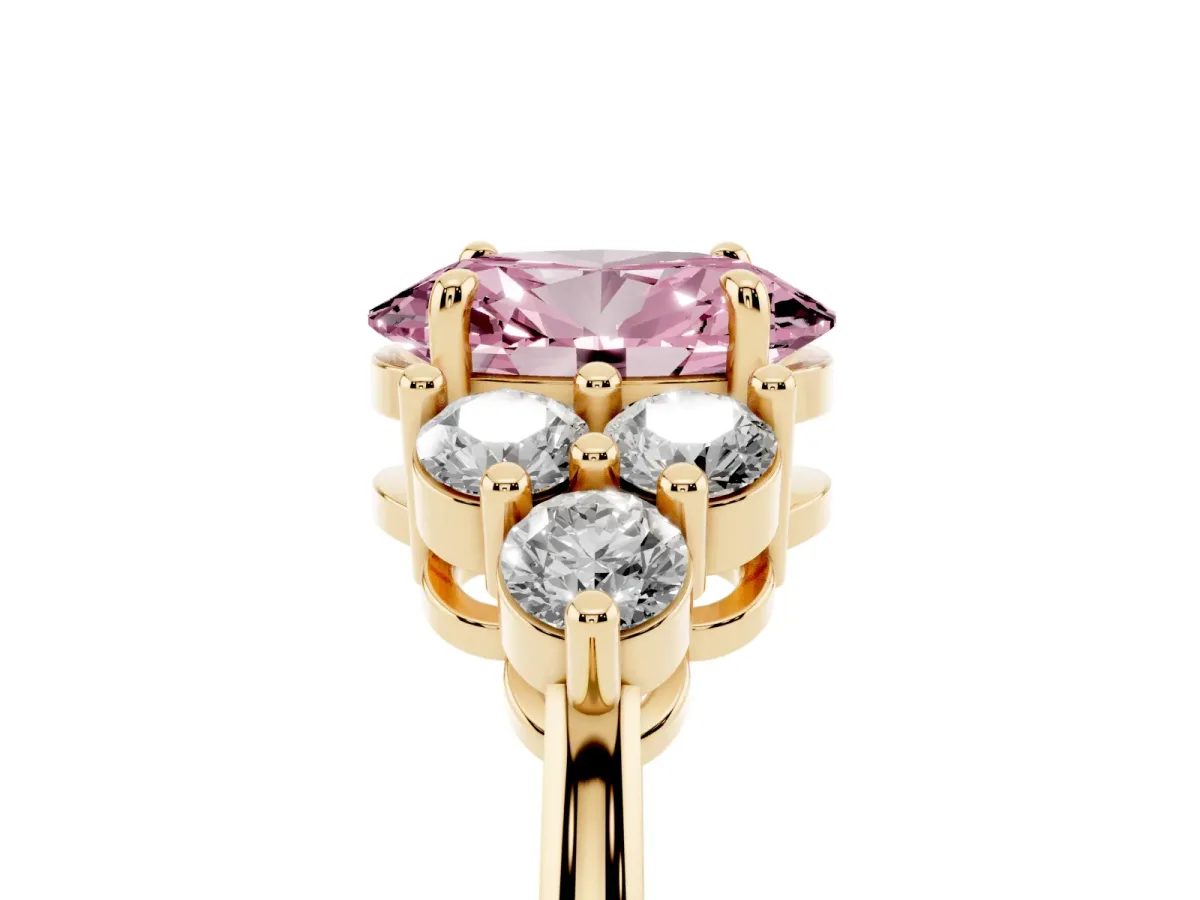 Fancy Pink Oval Cut Brilliant Diamond Cluster Accent Solitaire Ring with Prong Setting Yellow gold