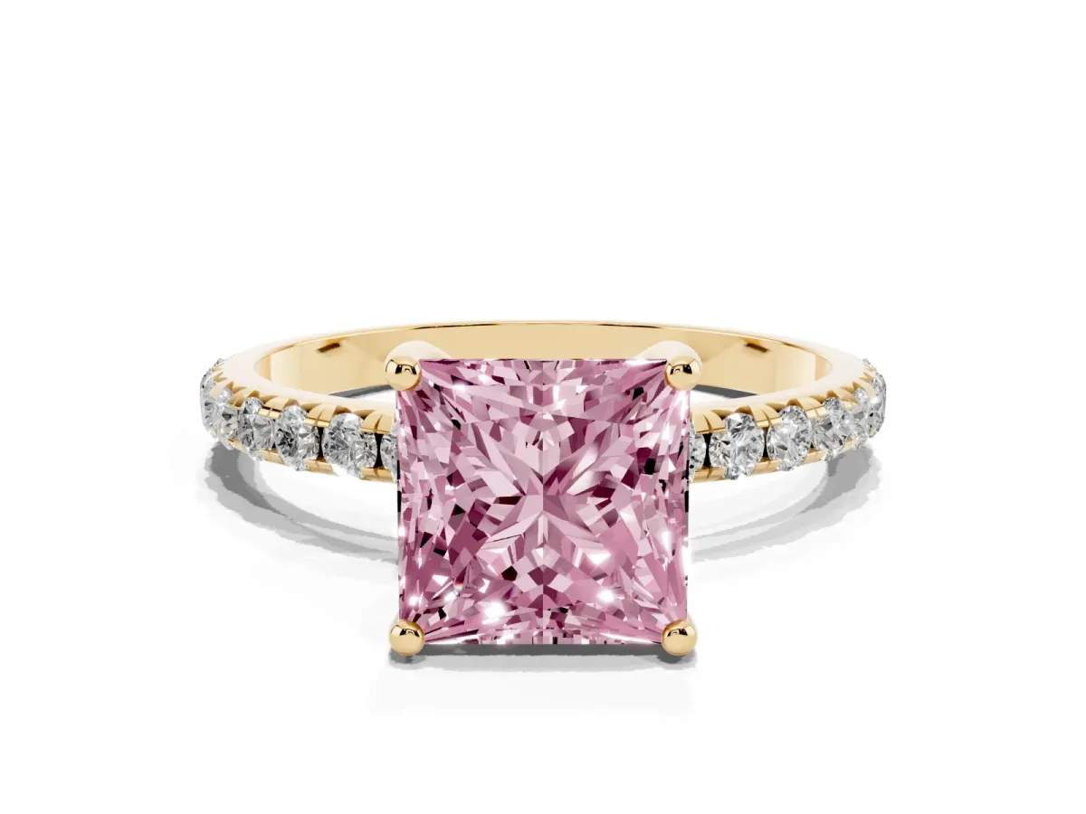 Fancy Pink Princess Cut Cut Diamond Solitaire Ring with Micro Pave Band and Four Prong Setting Yellow gold