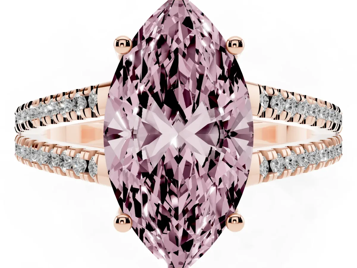 Fancy Pink Marquise Cut Diamond Solitaire Engagement Ring with Split Shank Pavé Band Rose gold