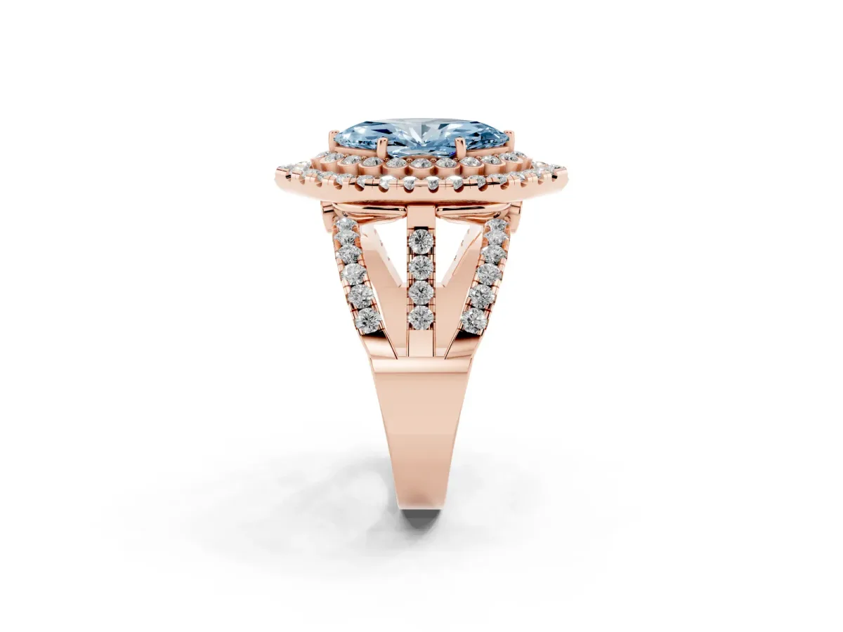 Fancy Blue Marquise Cut Diamond Double Halo Ring with Round Pavé Split Shank and Prong Setting Rose gold