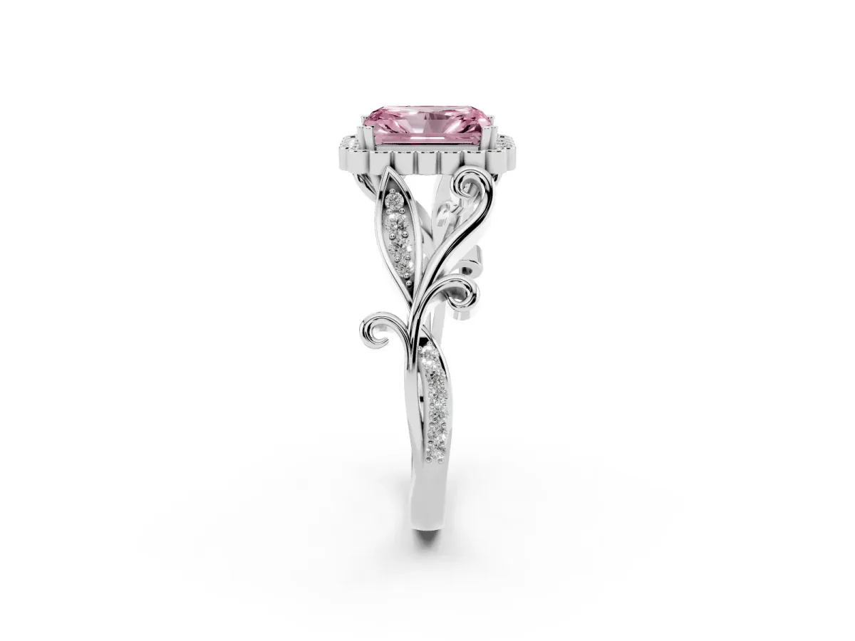 Fancy Pink Radiant Cut Diamond Halo Ring with Vintage Split Shank and Four-Prong Setting Silver