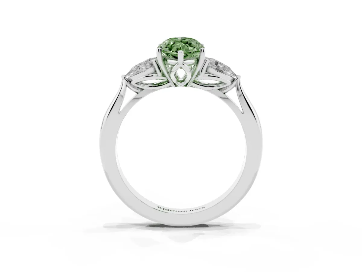 Fancy Green Marquise Cut Diamond Three-Stone Ring with Pear Side Stones and Prong Setting Silver
