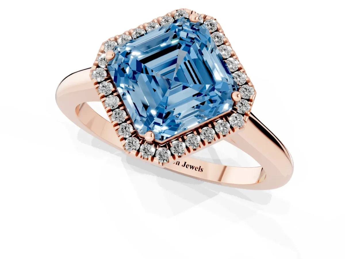 Fancy Blue Asscher Cut Halo Round Diamond Solitaire Engagement Ring with Pave Band and Four-Prong Setting Rose gold
