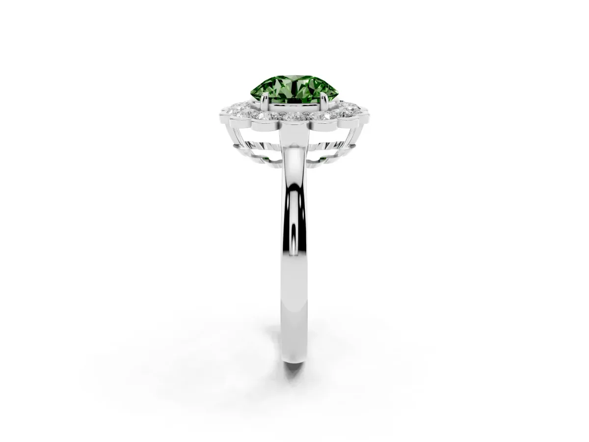 Fancy Green Round Cut Halo Cluster Diamond Engagement Ring with Solitaire Band and Prong Setting Platinum