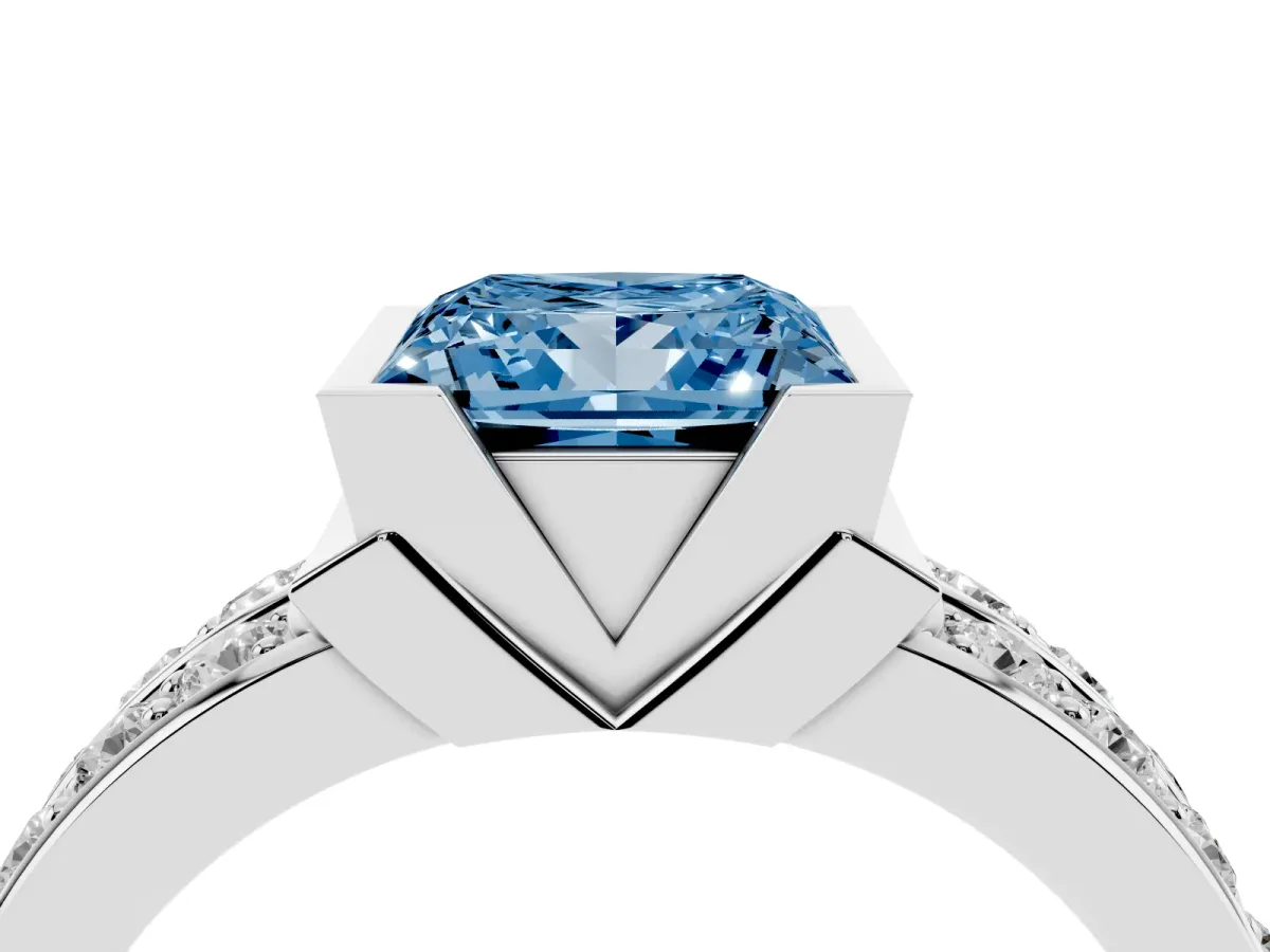 Fancy Blue Princess Cut Brilliant Diamond Channel Set Wide Band Ring with Bezel Setting White gold