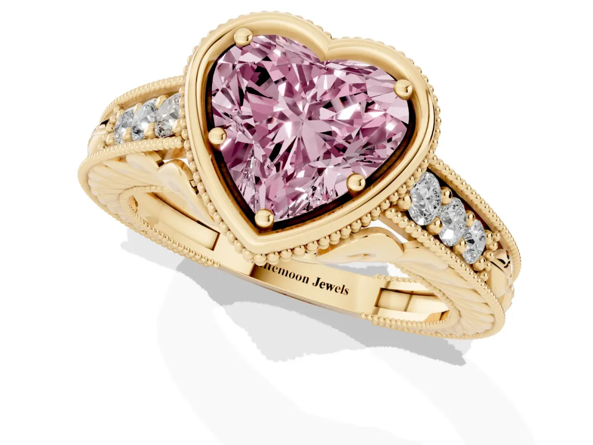 Fancy Pink Bezel Set Heart Cut Diamond Milgrain Pave Engagement Ring Yellow gold