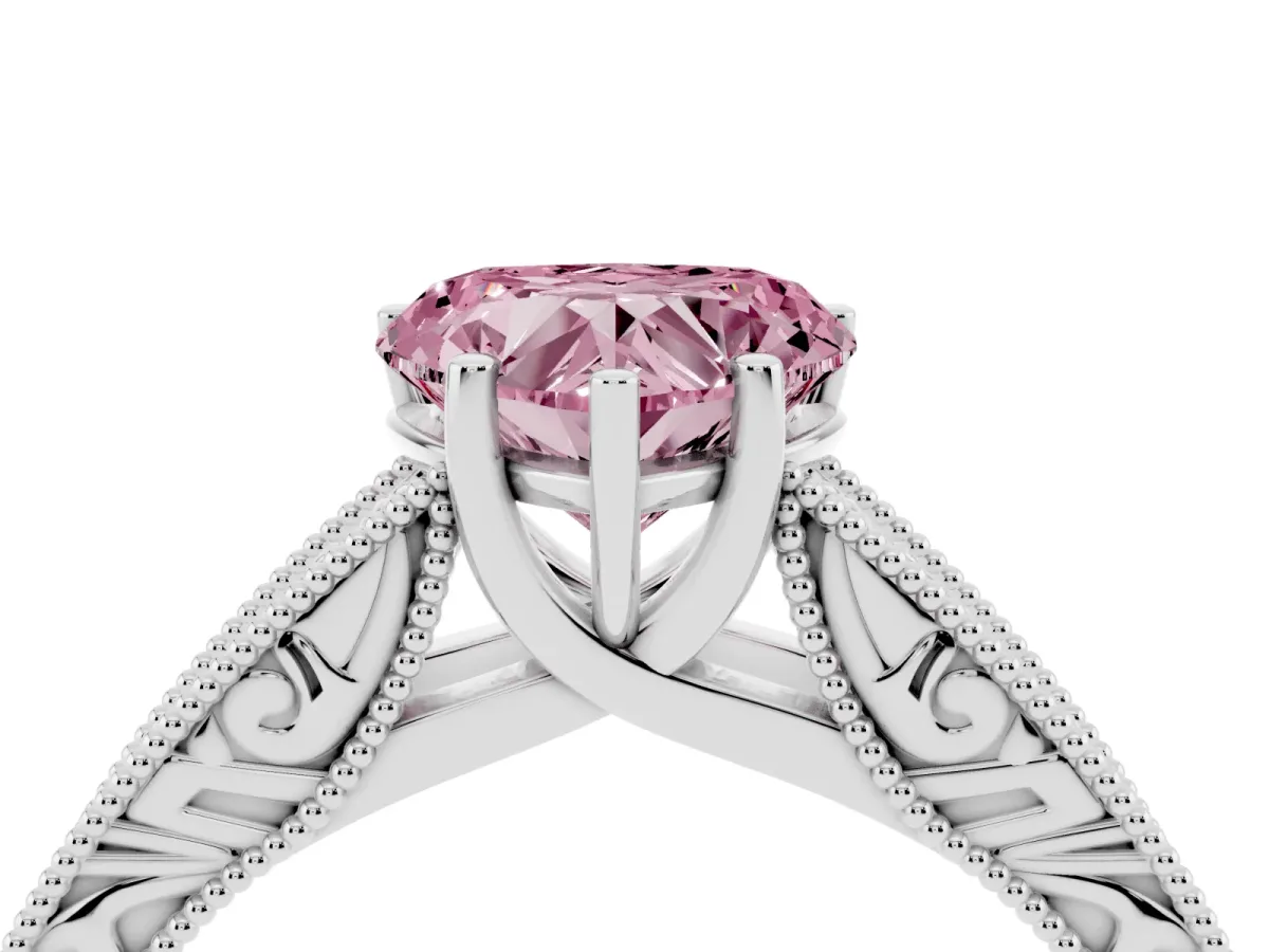 Fancy Pink Heart Cut Diamond Solitaire Ring with Engraved Band and Four-Prong Setting Platinum