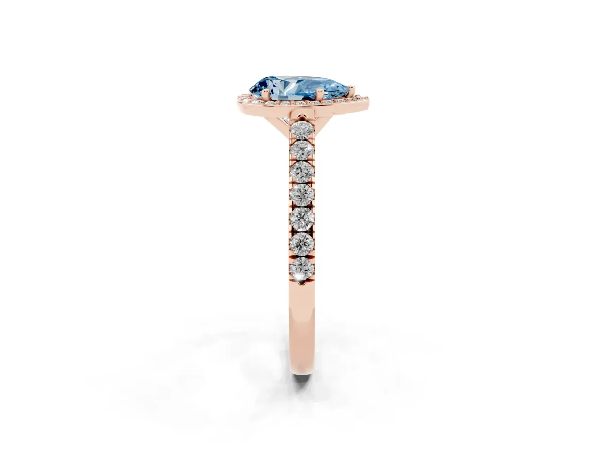 Fancy Blue Pear Cut Cut Halo Diamond Engagement Ring with Pave Band and Four-Prong Setting Rose gold