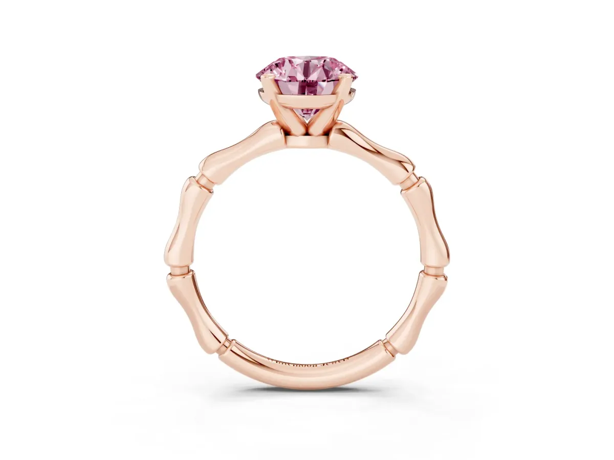 Fancy Pink Round Cut Solitaire Diamond Ring with Bamboo Band and Four-Prong Setting Rose gold