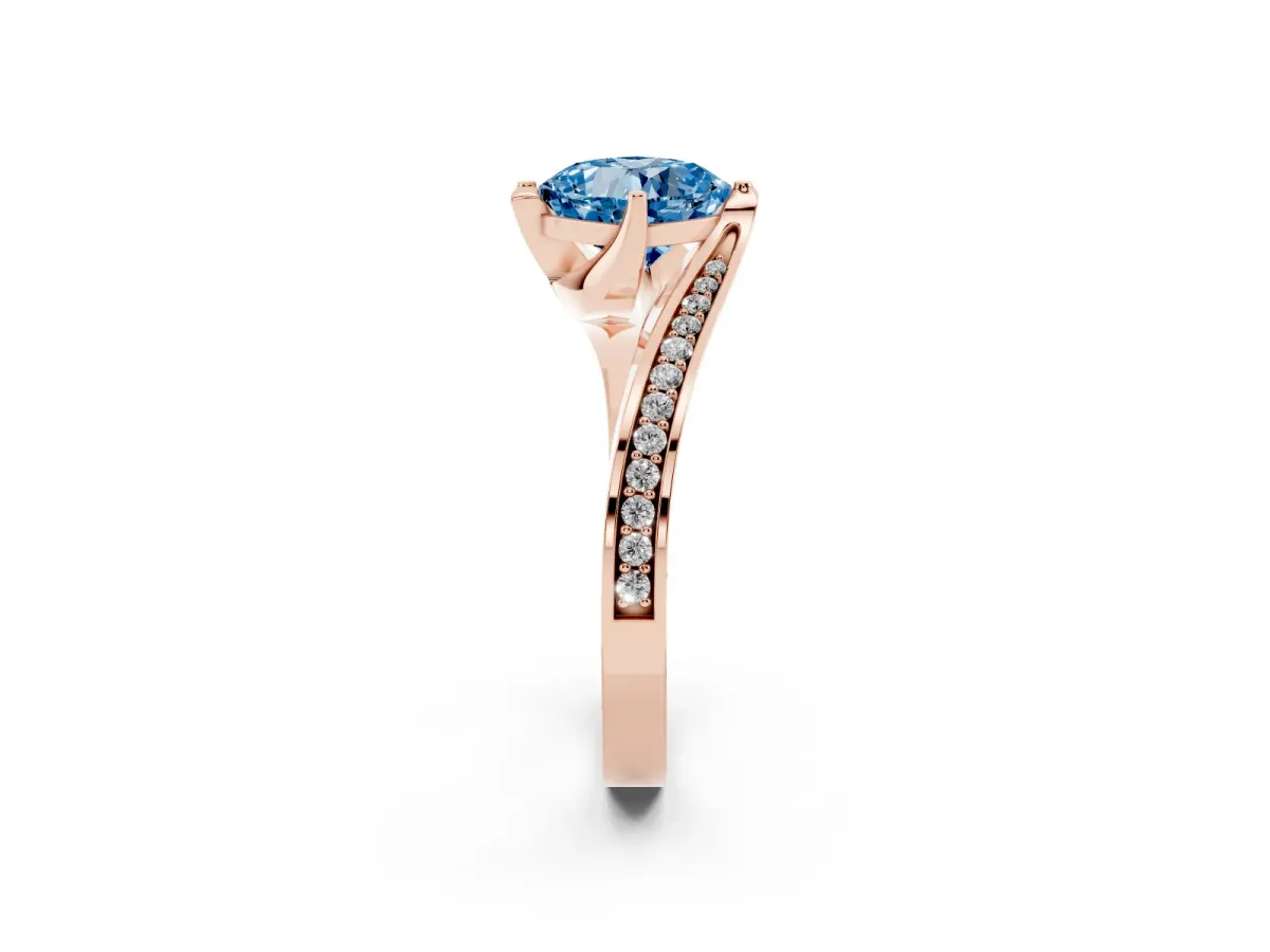 Fancy Blue Cushion Cut Solitaire Diamond Twist Band with Pavé Setting and Four-Prong Setting Rose gold