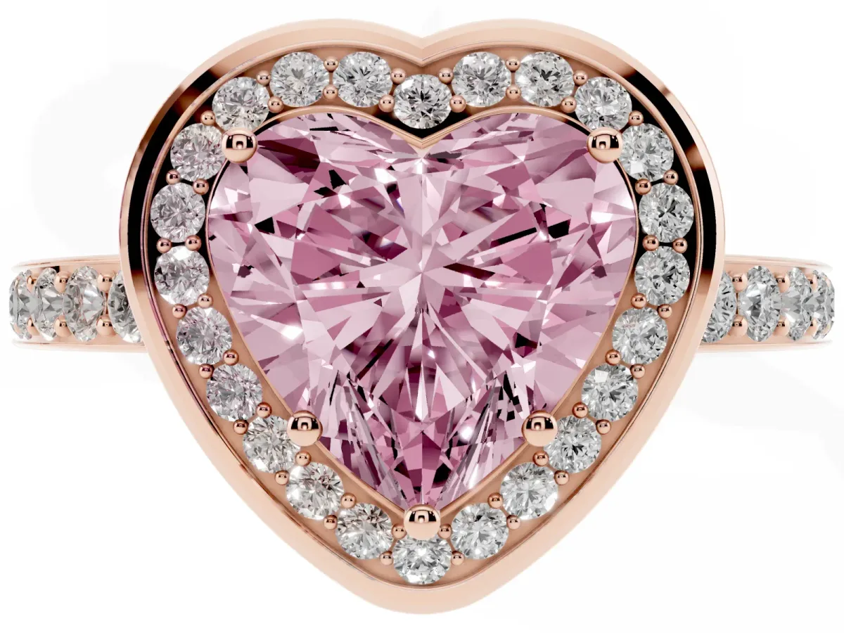 Fancy Pink Heart Cut Diamond Halo Ring with Bezel Frame and Pavé Band Rose gold