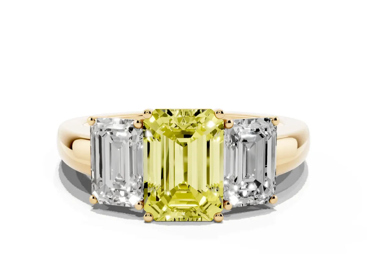 Fancy Yellow Emerald Cut Diamond Three-Stone Ring with Four-Prong Setting and Classic Band Yellow gold