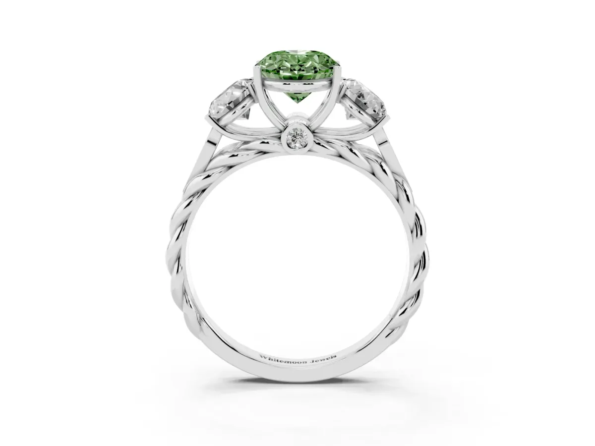 Fancy Green Three-Stone Oval Cut Diamond Braided Band Ring with Four-Prong Setting Silver