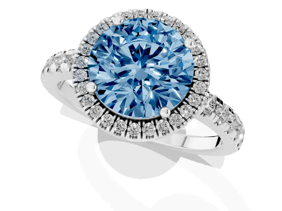Fancy Blue Round Cut Diamond Halo Ring with Pavé Band and Four-Prong Setting Platinum