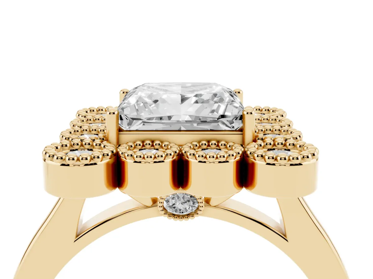 Princess Cut Halo Diamond Cluster Engagement Ring with Milgrain Bezel Setting and Solitaire Band Yellow gold