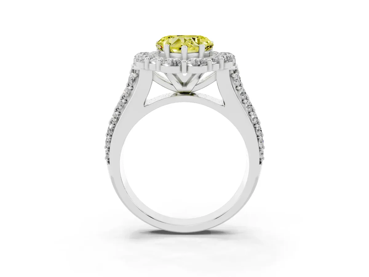Fancy Yellow Heart Cut Halo Diamond Engagement Ring with Split Shank and Prong Setting Silver