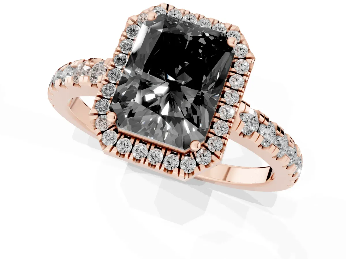 Fancy Black Radiant Cut Diamond Halo Ring with Pavé Band and Four-Prong Setting Rose gold