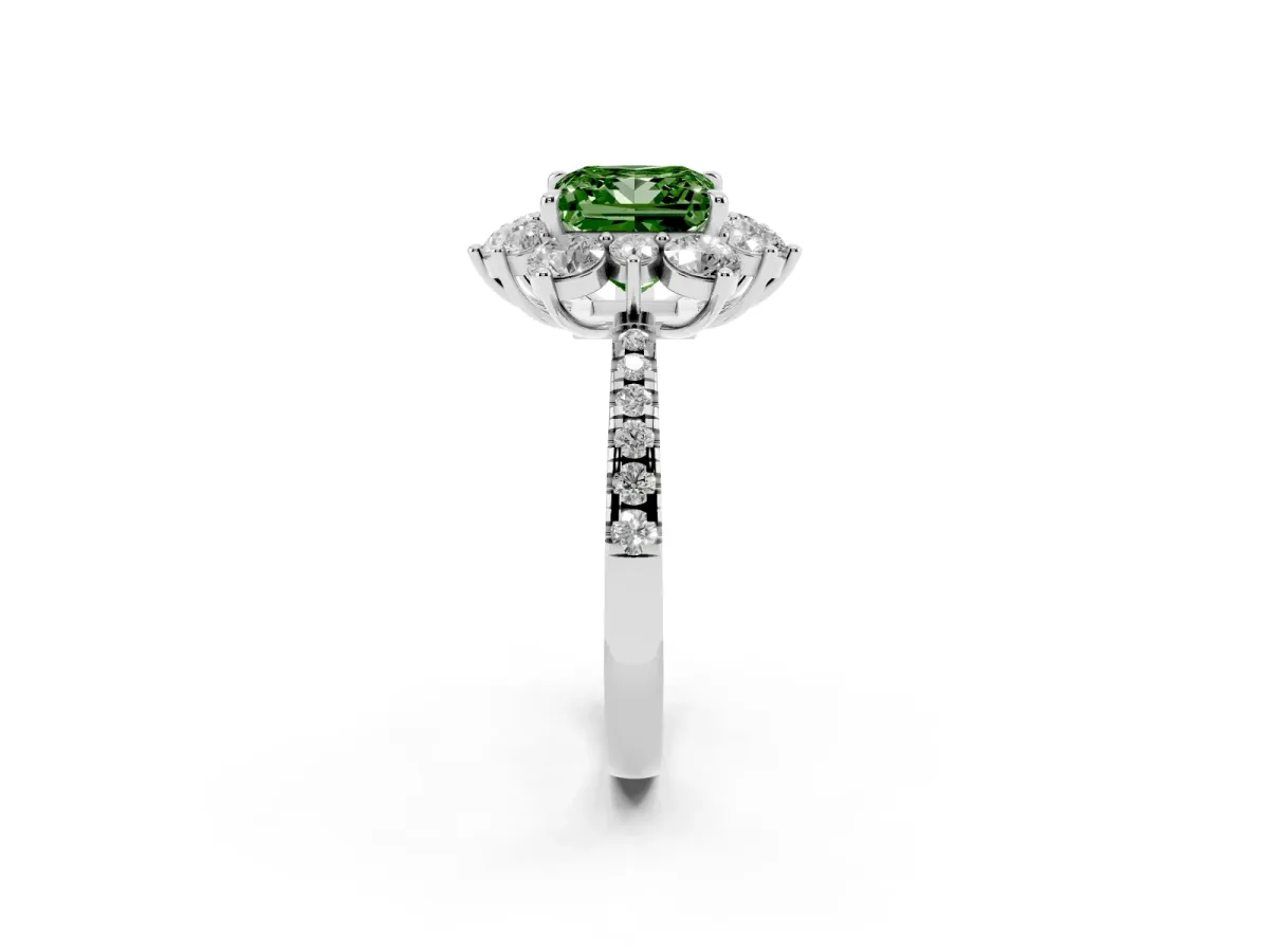 Fancy Green Princess Cut Diamond Floral Halo Ring with Round Pavé Band and Prong Setting Silver