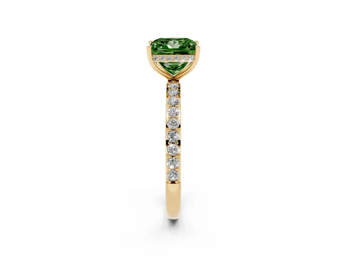 Fancy Green Princess Cut Diamond Solitaire Ring with Pavé Band and Hidden Halo Yellow gold