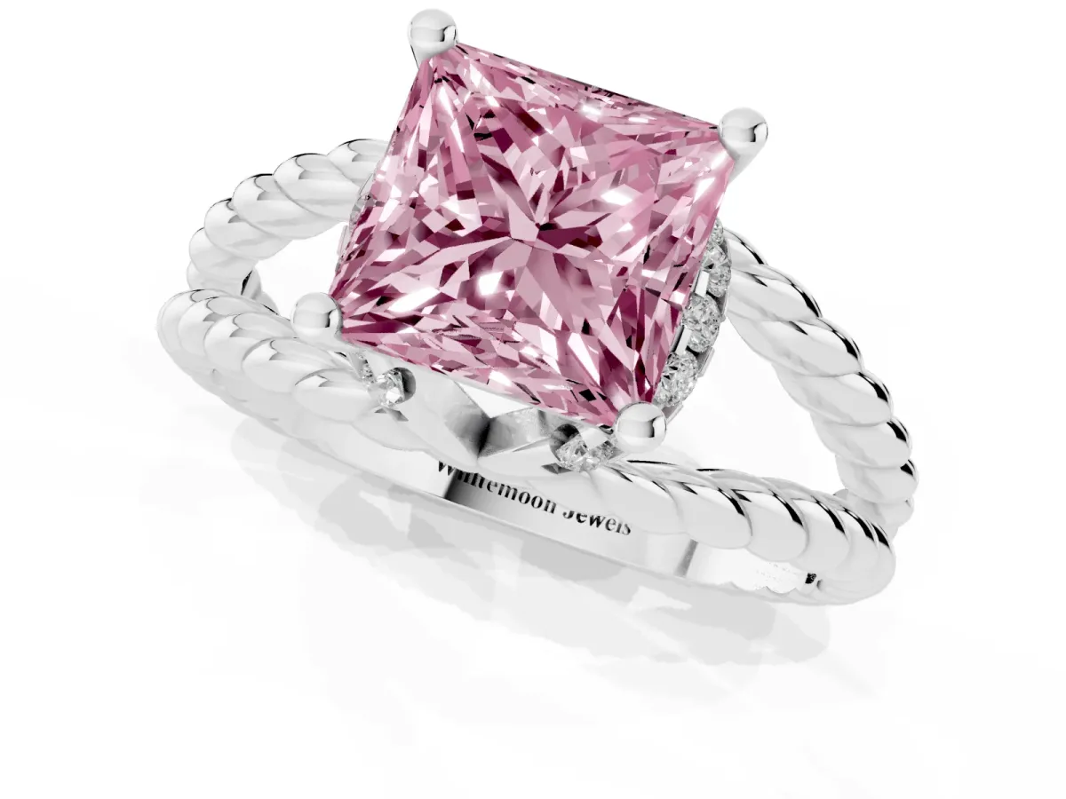 Fancy Pink Princess Cut Halo Twisted Band Four-Prong Ring Silver
