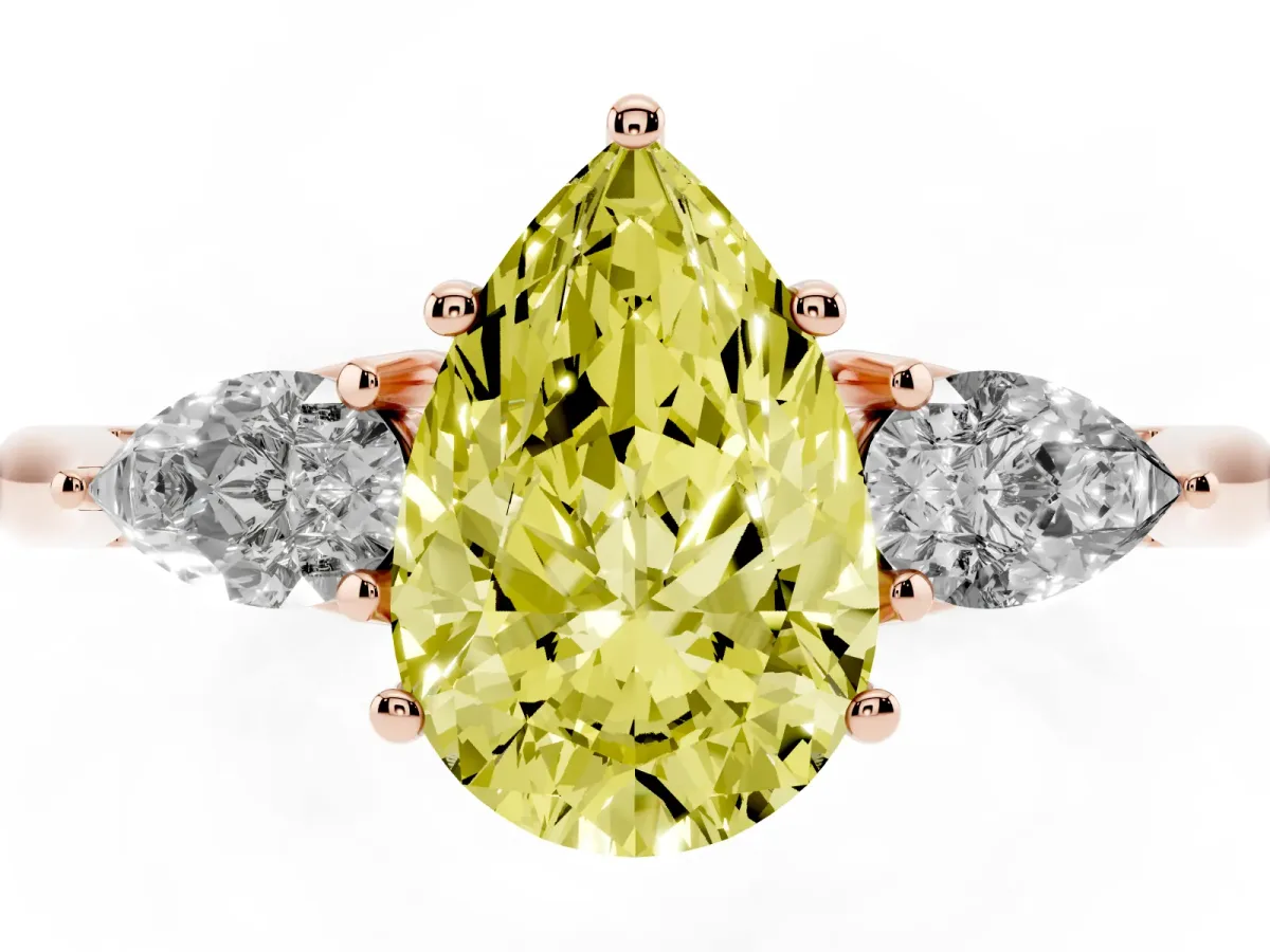 Fancy Yellow Three-Stone Pear Cut Brilliant Diamond Solitaire Ring with Tapered Band and Four-Prong Setting Rose gold