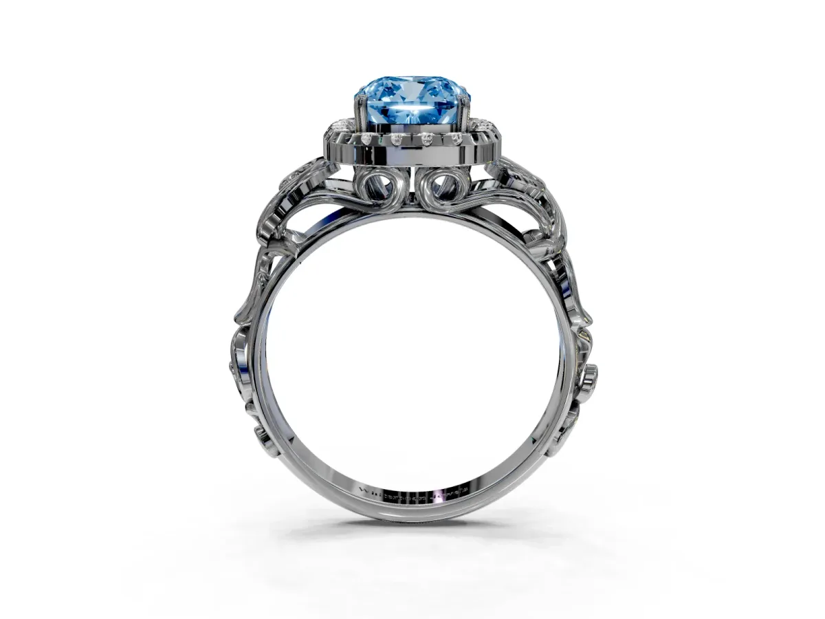 Fancy Blue Cushion Cut Cut Halo Diamond Ring with Scrollwork Band and Four-Prong Setting Silver