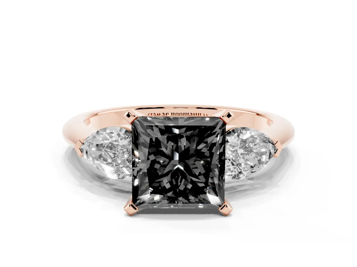 Fancy Black Three-Stone Princess Cut Diamond Ring with Pear Side Stones and Four-Prong Setting Rose gold