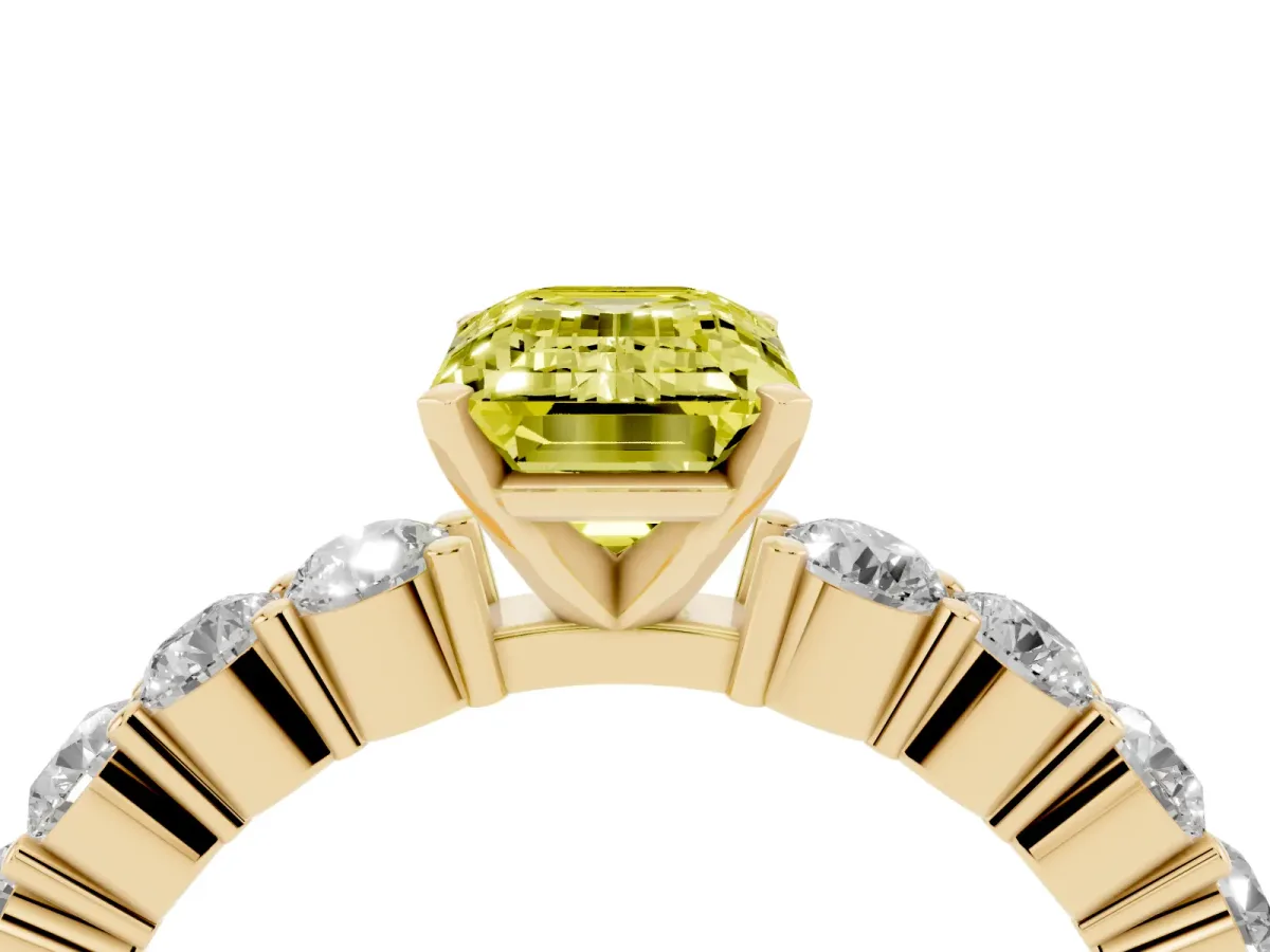 Fancy Yellow Emerald Cut Diamond Solitaire Ring with Shared Prong Round Side Stones Yellow gold