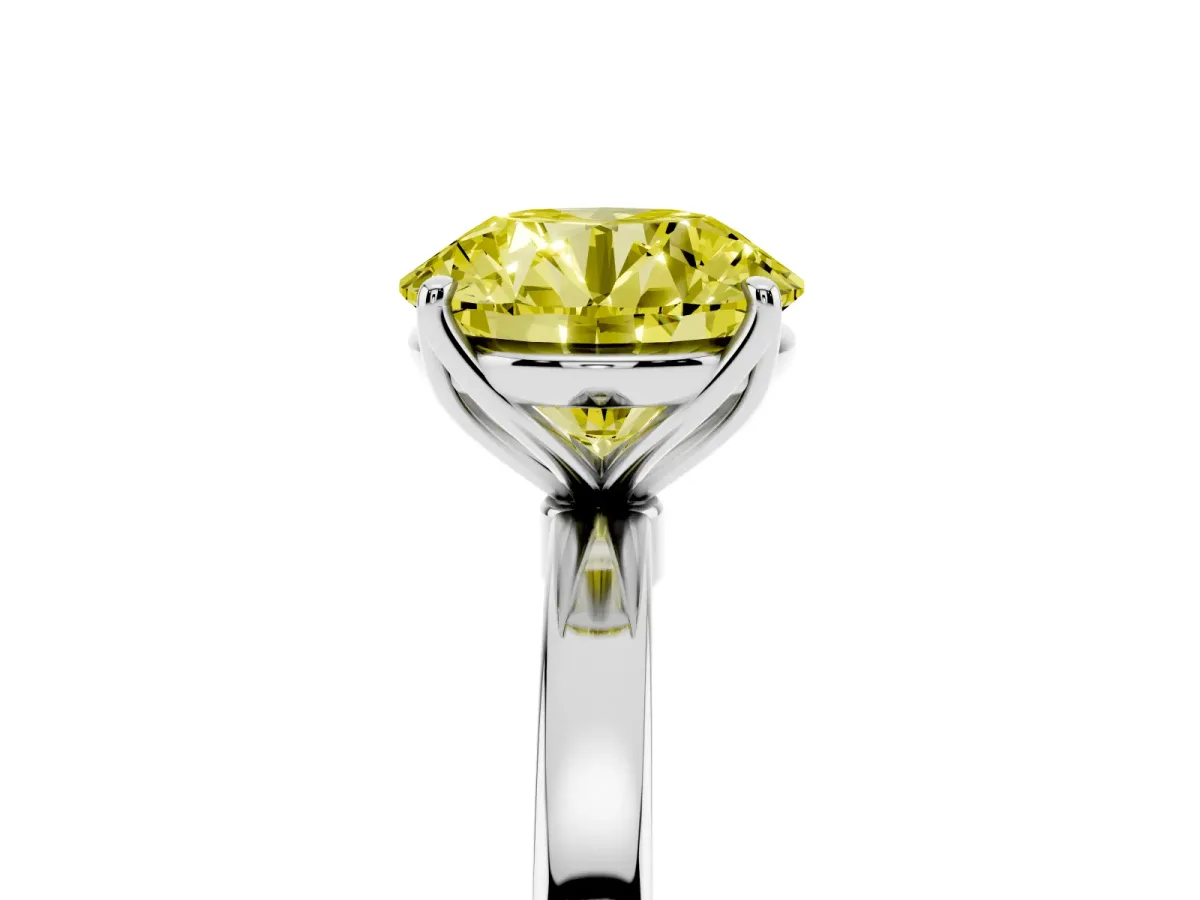 Fancy Yellow Round Cut Diamond Solitaire Ring with Thin Band and Prong Setting Silver