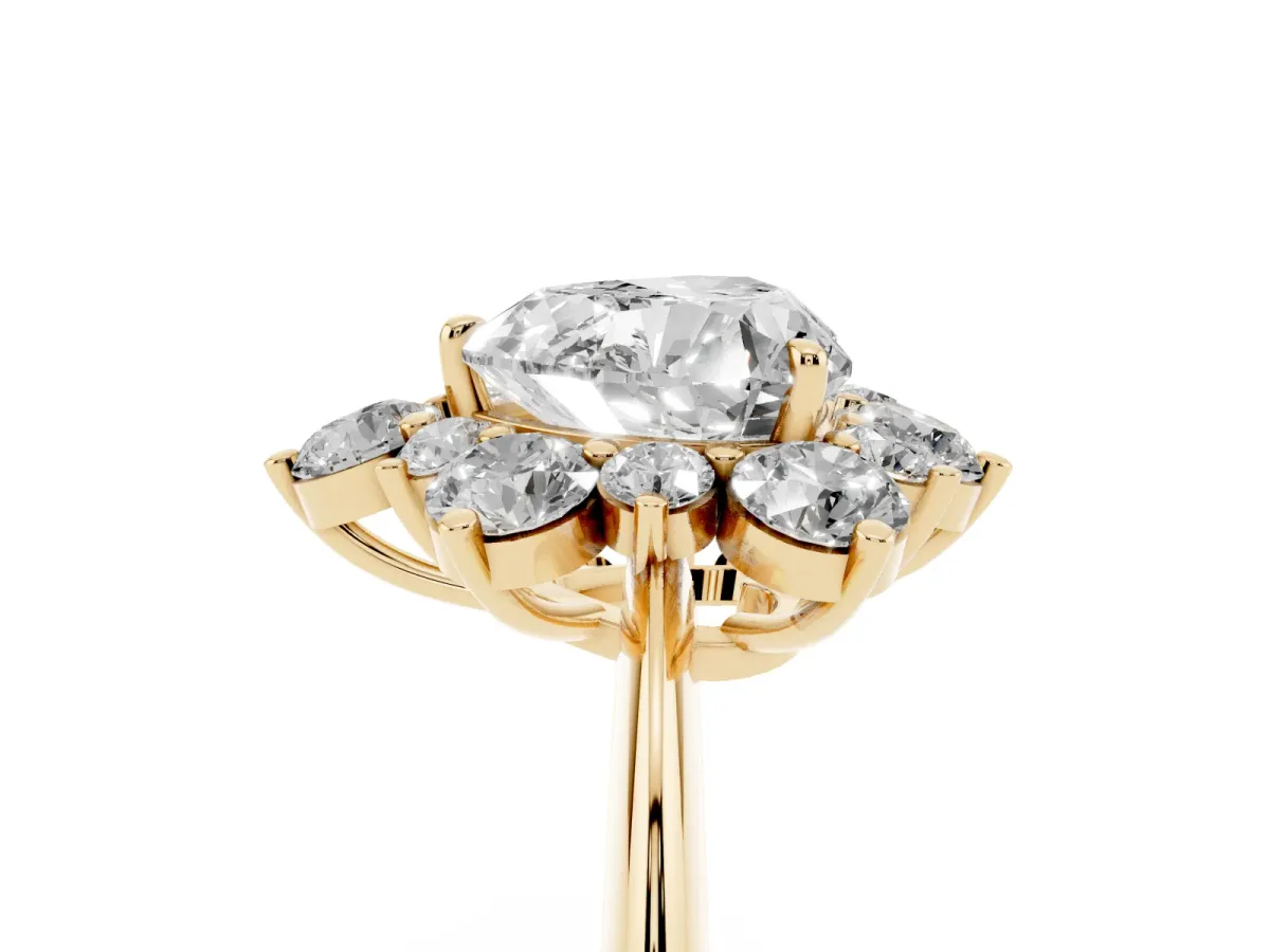 Heart Cut Diamond Cluster Halo Ring with Solitaire Band and Four-Prong Setting Yellow gold