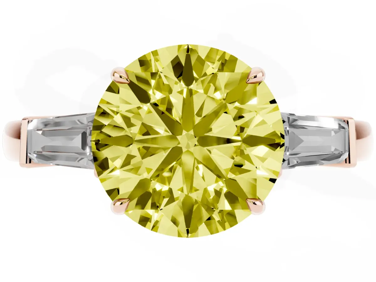 Fancy Yellow Round Cut Diamond Three-Stone Ring with Tapered Baguette Side Stones and Prong Setting Rose gold