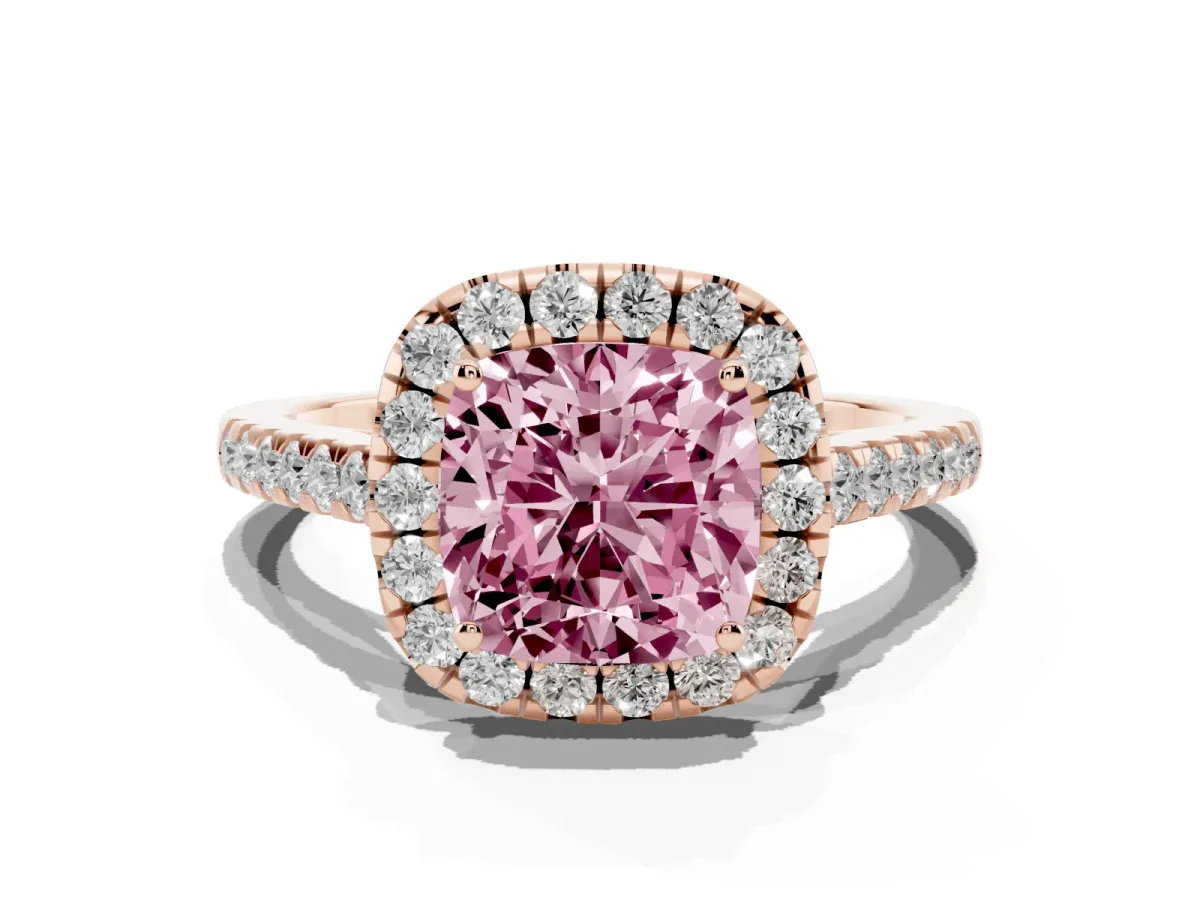 Fancy Pink Cushion Cut Halo Pave Diamond Engagement Ring with Four-Prong Setting Rose gold