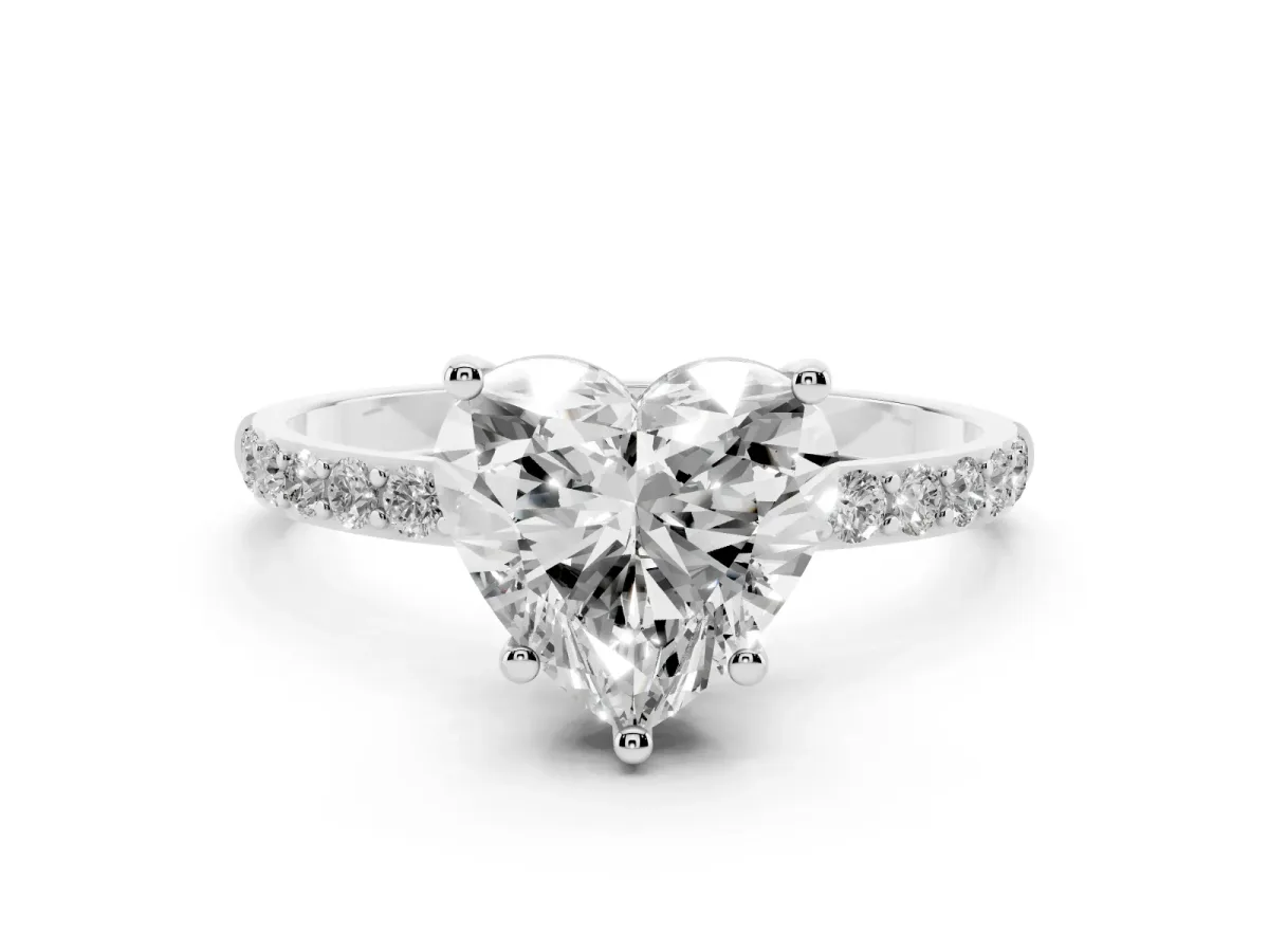 Heart Cut Diamond Solitaire Ring with Round Pavé Shoulders and Prong Setting Silver