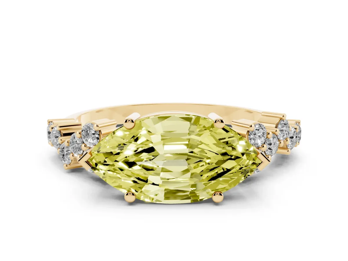 Fancy Yellow Marquise Cut Diamond Scattered Round Accent Ring with Prong Setting Yellow gold