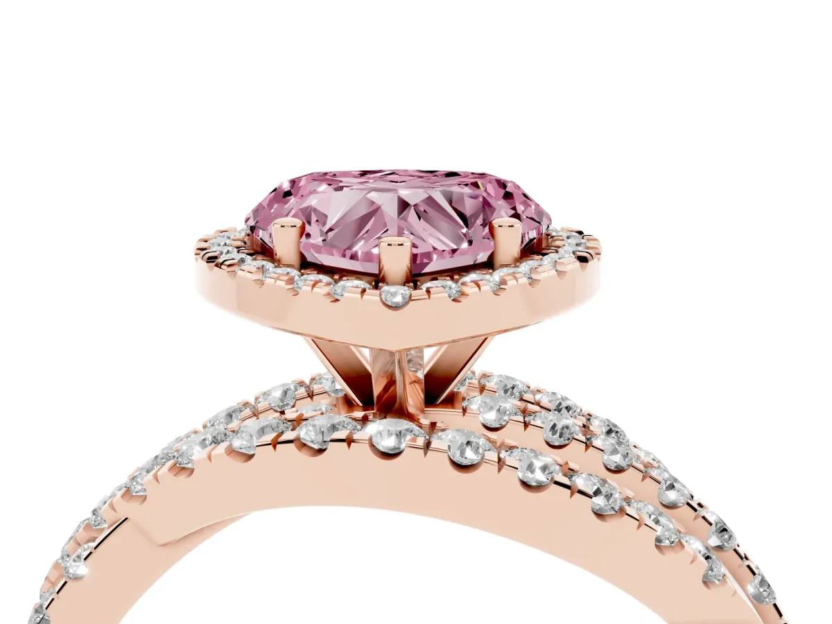 Fancy Pink Heart Cut Diamond Halo Ring with Round Split Shank and Prong Setting Rose gold