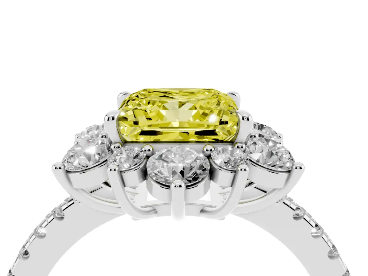 Fancy Yellow Princess Cut Diamond Floral Halo Ring with Round Pavé Band and Prong Setting Silver