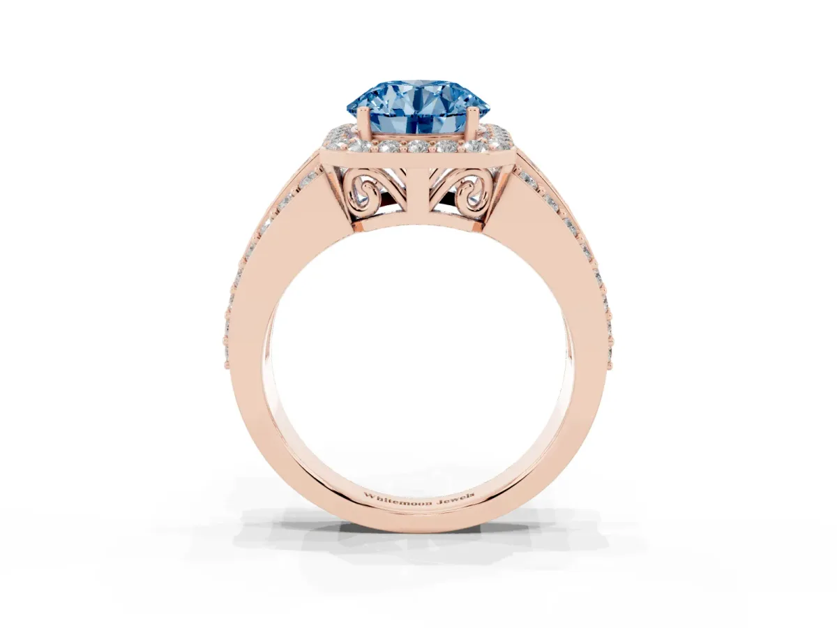 Fancy Blue Round Cut Halo Diamond Ring with Round Split Shank and Prong Setting Rose gold