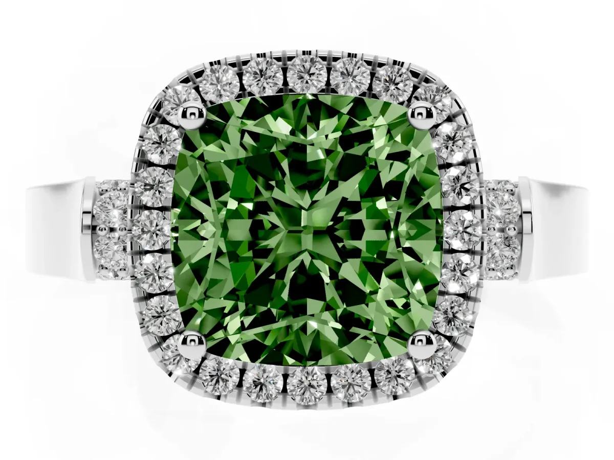Fancy Green Cushion Cut Halo Pave Split Shank Prong Setting Ring Silver