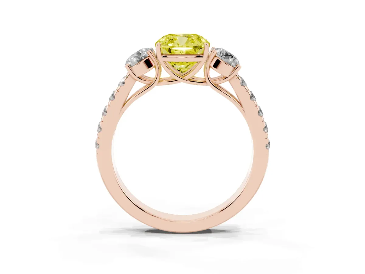 Fancy Yellow Cushion Cut Cut Diamond Three-Stone Ring with Round Side Stones and Pavé Band Rose gold