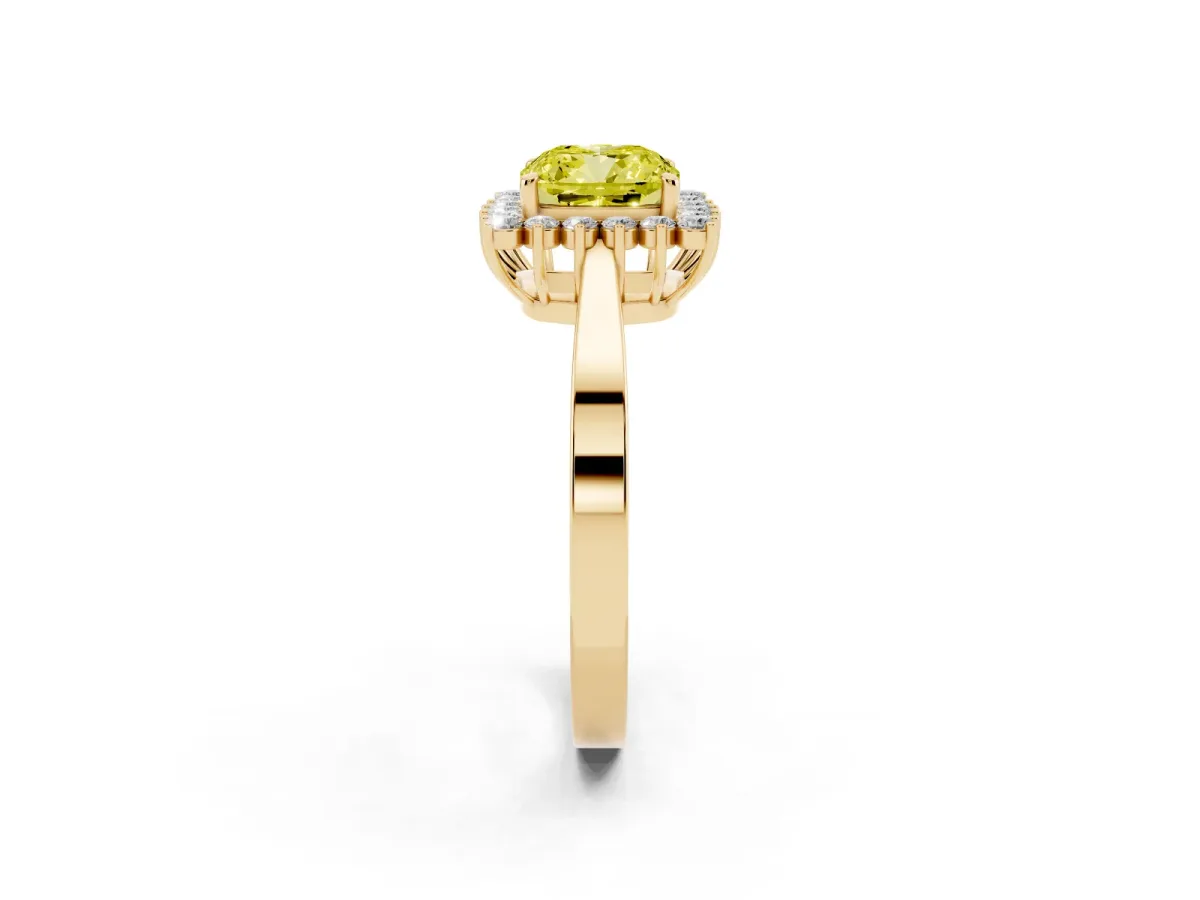 Fancy Yellow Cushion Cut Cut Diamond Halo Ring with Round Brilliant Halo and Solitaire Band Yellow gold