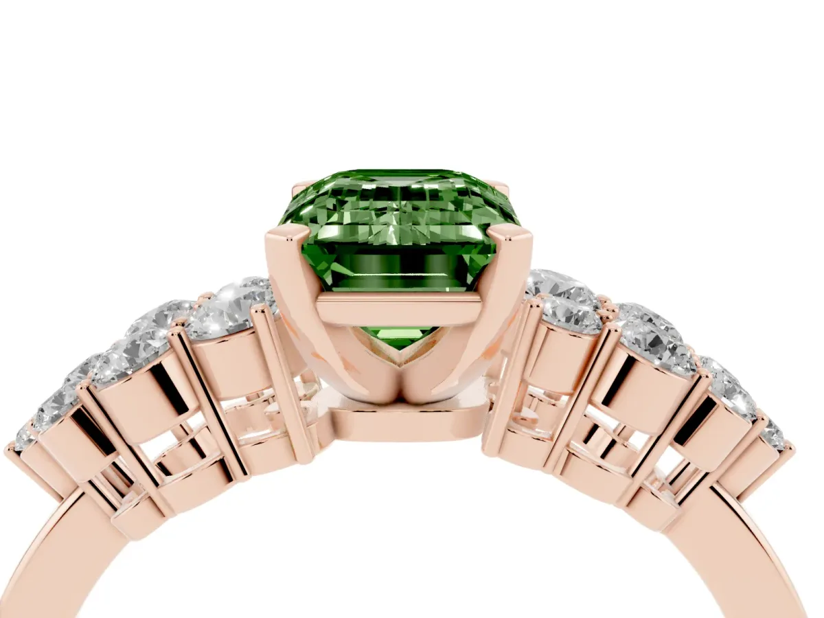 Fancy Green Emerald Cut Cluster Diamond Engagement Ring with Pavé Band and Four-Prong Setting Rose gold