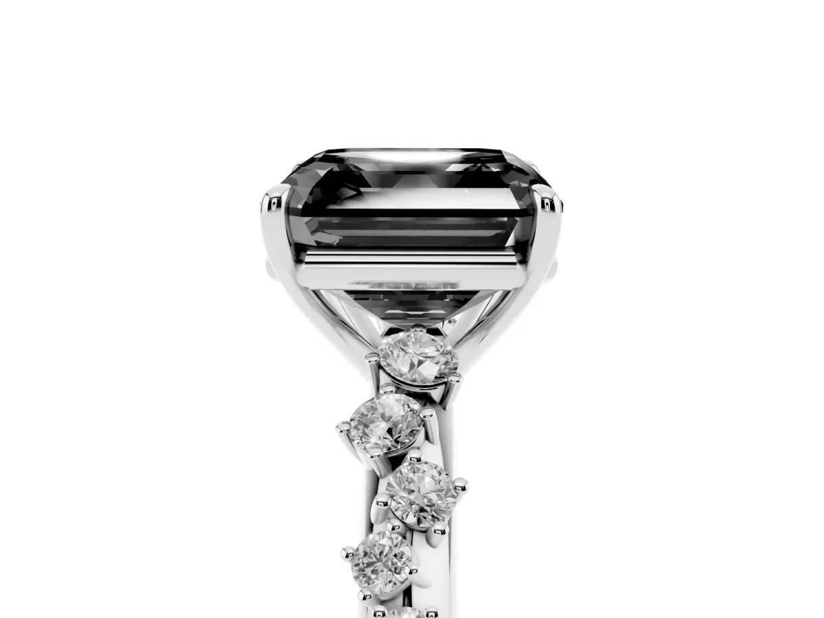 Fancy Black Asscher Cut Diamond Cluster Side Stone Solitaire Ring with Prong Setting Silver