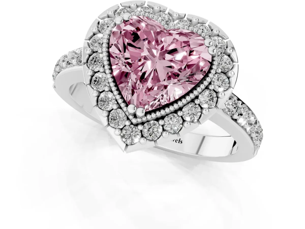 Fancy Pink Heart Cut Diamond Halo Ring with Pavé Band and Prong Setting White gold