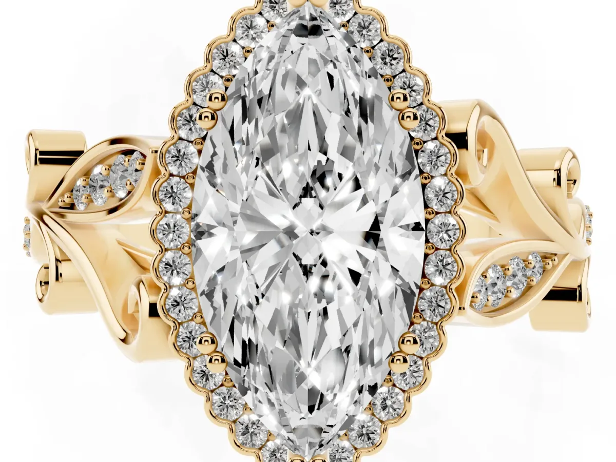 Marquise Cut Diamond Halo Ring with Vintage Split Shank and Four-Prong Setting Yellow gold
