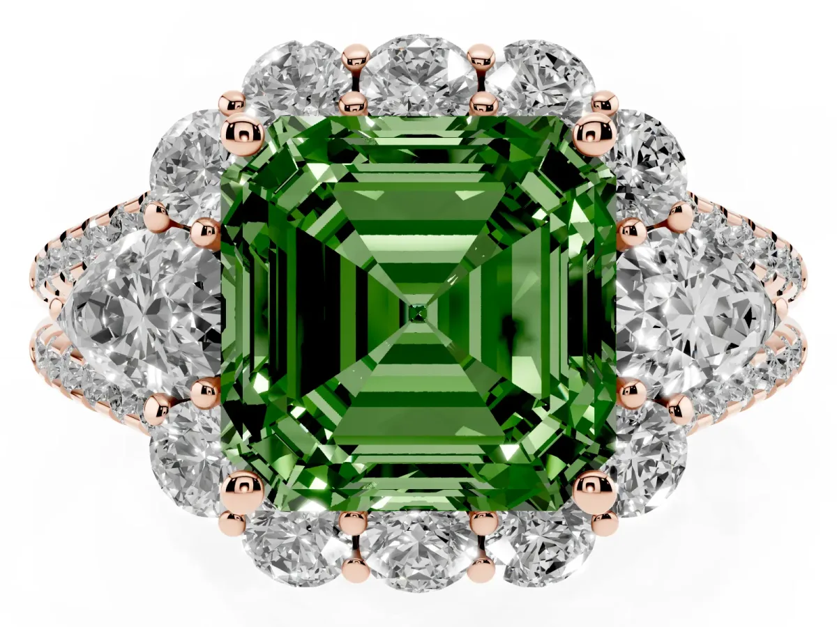 Fancy Green Asscher Cut Halo Split Shank Diamond Engagement Ring with Prong Setting Rose gold