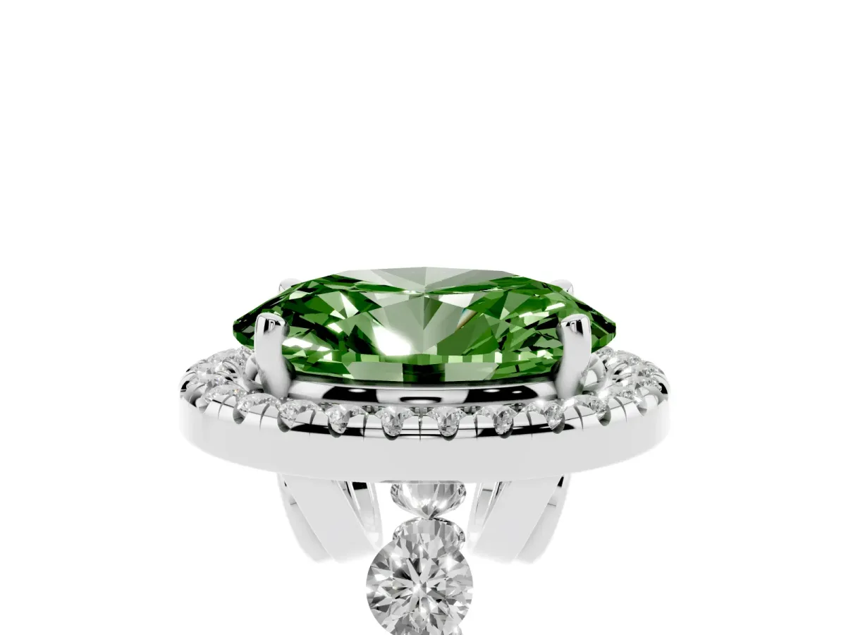 Fancy Green Oval Cut Halo Pavé Diamond Engagement Ring with Four-Prong Setting Silver
