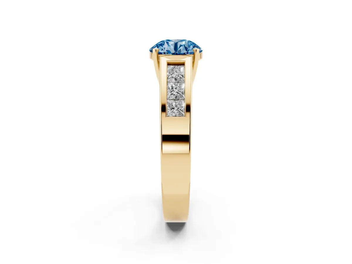 Fancy Blue Round Cut Cut Channel Set Solitaire Ring with Four-Prong Setting Yellow gold