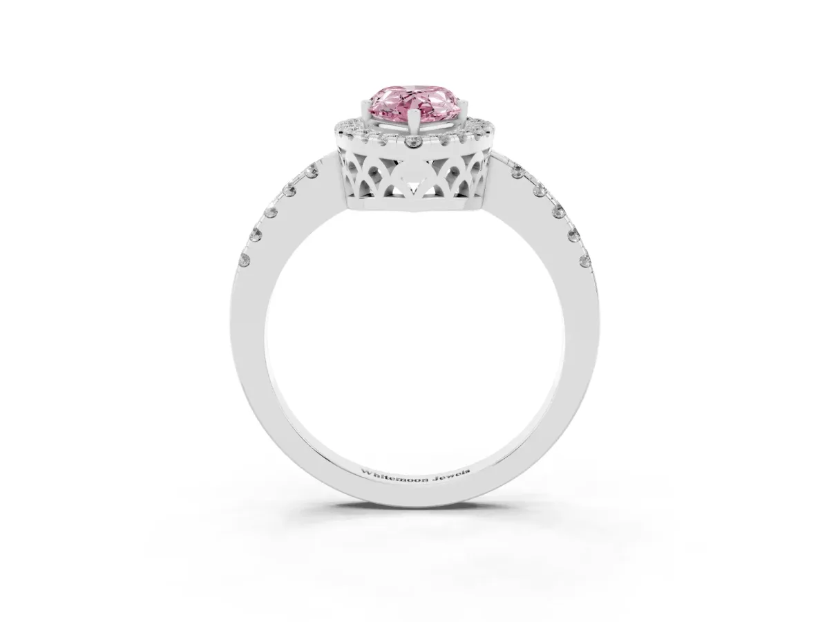 Fancy Pink Pear Cut Halo Diamond Engagement Ring with Pavé Band and Four-Prong Setting Silver