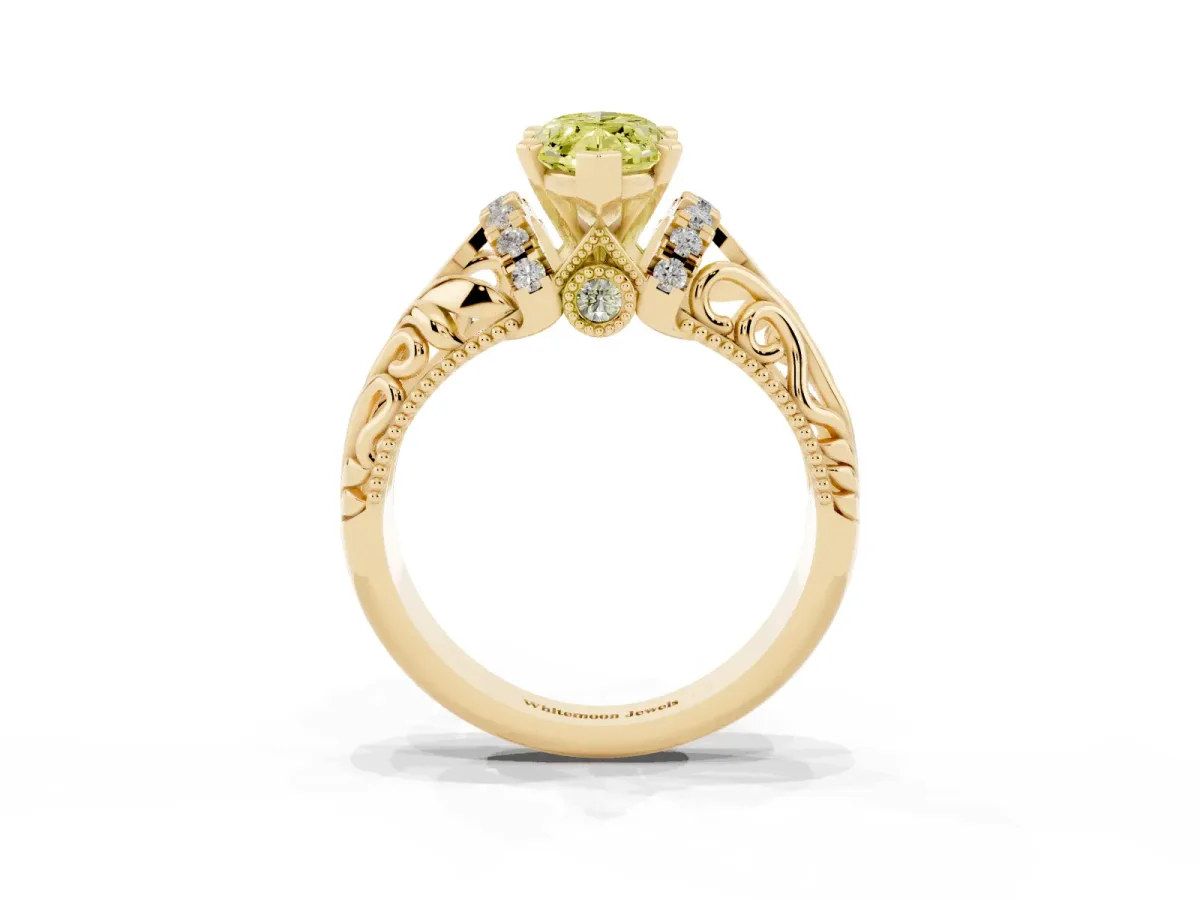 Fancy Yellow Marquise Cut Solitaire Filigree Engagement Ring with Halo and Prong Setting Yellow gold
